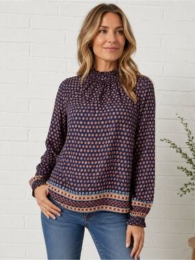 Trovata Birds of Paradis Hillary Blouse Navy Heirloom Floral Silk
